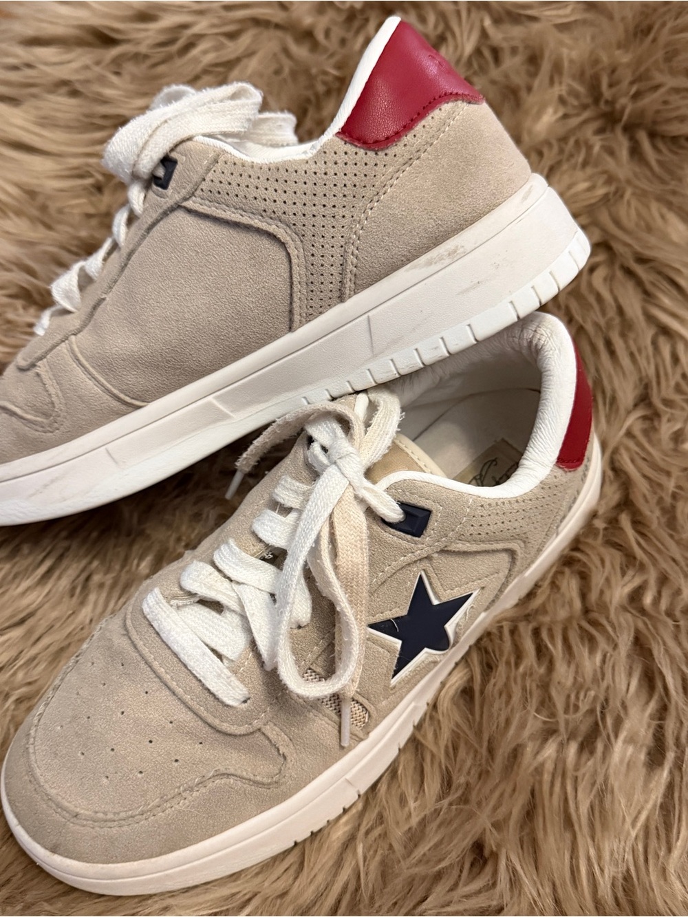 Vintage Havana Beige Suede Sneakers with Navy Star and Red Heel Tab, women’s 7.5
